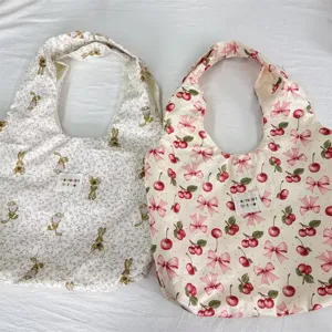 Korean style cute rabbit and cherry print canvas shoulder tote bag, casual daily use.