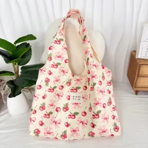 Korean cartoon cherry bow print tote bag large capacity student shoulder bag casual aesthetic style