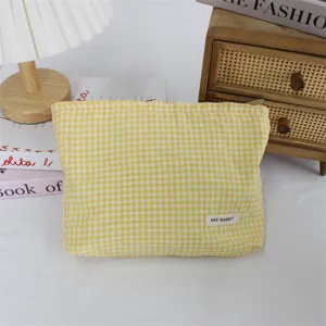 Borsa cosmetica in tessuto a quadri giallo stile coreano, pochette da viaggio dettaglio