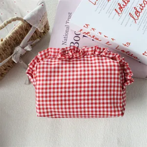 Koreanisch rot weiß karierte Kosmetiktasche mit Rüschen süße Make-up Tasche Organizer
