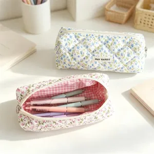Quilted floral pencil case detail, cute aesthetic stationery storage bag with pink gingham lining.