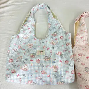 Cute blue plaid cartoon print vest bag detail, large capacity student casual shoulder bag.