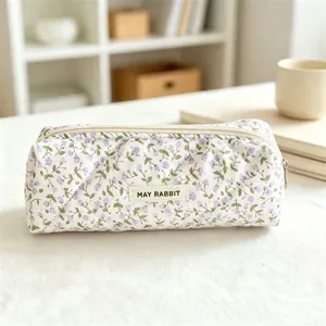 Quilted floral pencil pouch and cosmetic bag, large capacity stationery storage organizer.