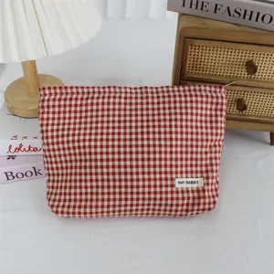 Borsa cosmetica in tessuto a quadri in stile coreano, custodia portatile da viaggio per lavaggio.