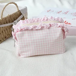 Rosa Karo Rüschen Kosmetiktasche, süße Reißverschluss Aufbewahrung für Make-up und Zubehör.