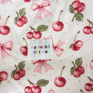 Cute cherry print canvas shoulder bag detail, Korean style sweet aesthetic daily commuter bag.