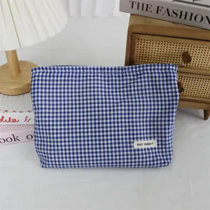 Borsa cosmetica a quadri blu e bianchi stile coreano, custodia portatile da viaggio make up.