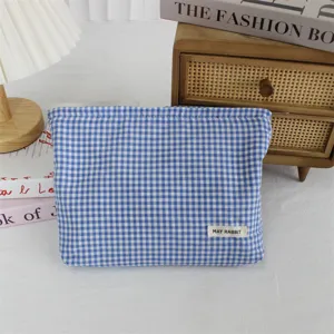 Borsa per trucco a quadri blu e bianco stile coreano pochette da viaggio per articoli