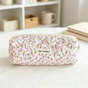Pink floral quilted cosmetic bag large capacity pencil case cute stationery storage pouch