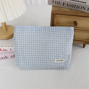 Borsa cosmetica a quadri blu e bianco in stile coreano custodia da viaggio portatile per articoli