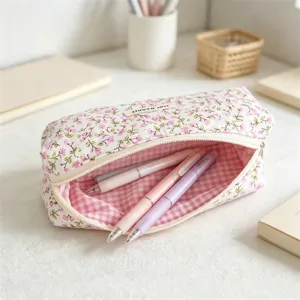 Floral quilted pencil pouch, cute makeup organizer and stationery bag with pink gingham lining.