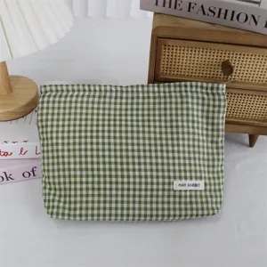 Borsa cosmetica a quadri verde minimalista coreana, custodia da viaggio portatile.