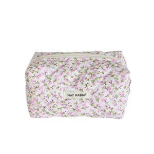 Quilted floral makeup bag portable canvas cosmetic pouch cute stationery storage organizer
