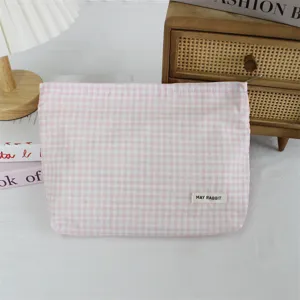 Borsa cosmetica in tessuto a quadretti rosa minimalista coreana pochette da viaggio.
