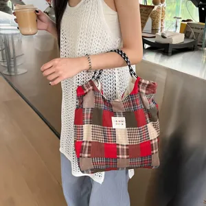 Sac à bandoulière patchwork à carreaux vintage fourre-tout décontracté grande capacité