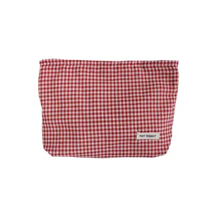 Borsa cosmetica a quadretti rossi e bianchi, trousse da viaggio in tessuto, organizer per trucchi.