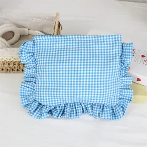Blaues Karomuster Kosmetiktasche mit Rüschen, große Kapazität tragbarer Make-up Organizer.