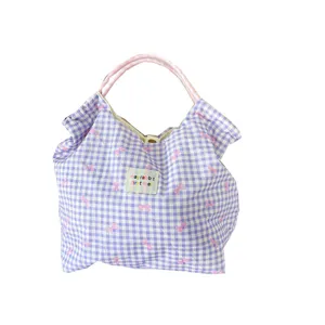 Sac cabas en tissu à carreaux violet style coréen avec nœuds roses et poignées rayées chic