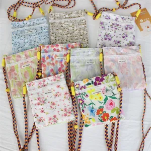 Damen Frische Blumen Canvas Umhängetasche Tragbare Spitzenborte Mini Schultertasche Verstellbarer Gewebter Gurt Kleine Tasche Für Studenten