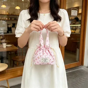 Pink floral corduroy drawstring handbag, cute bento pouch and portable daily storage bag.