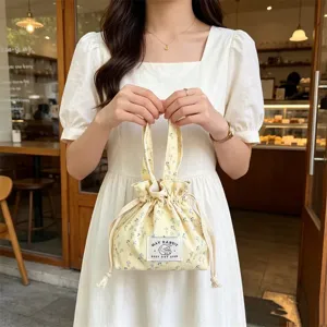 Cute Floral Corduroy Drawstring Handbag Korean Style Bento Bag Casual Tote Bag