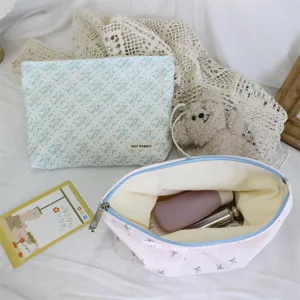 Corduroy floral cosmetic bag portable makeup pouch large capacity zipper storage bag