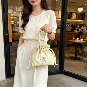 Small fresh floral corduroy handbag portable large capacity drawstring bento bag cute style