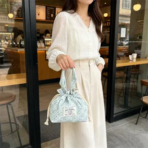 Cute floral corduroy handbag drawstring bento bag portable storage pouch for daily fashion use