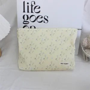Corduroy floral cosmetic bag with zipper, cute small makeup pouch for travel daily use.