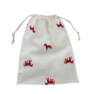Korean style minimalist embroidered pony drawstring bag for travel and home use.