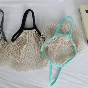 Baumwollnetz Einkaufstasche, wiederverwendbare Gemüsenetz Tasche mit bunten Griffen neu.