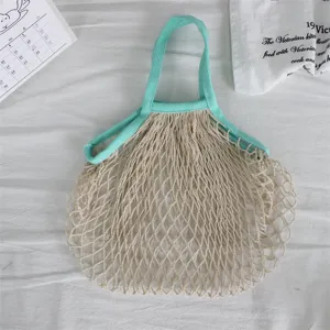 Gewebte Netz-Einkaufstasche tragbare Strandtasche große Kapazität Netztasche beige und grün