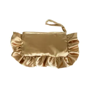 Bolso de mano de satén dorado con volantes, elegante bolsa de maquillaje para mujeres.