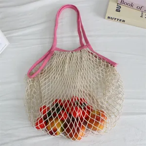 Gewebte Netz-Einkaufstasche mit pinken Henkeln, leichte Einkaufstasche fuer Strand und Alltag