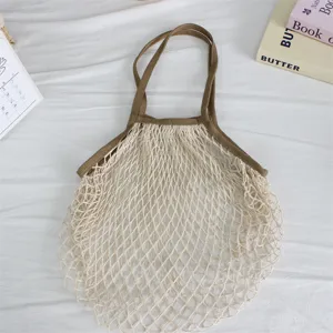 Gewebte Netz-Einkaufstasche beige große Kapazität Strandtasche lässige Sommer Handtasche