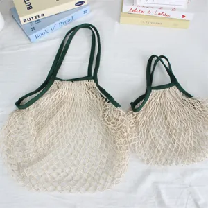 Baumwollnetz Einkaufstasche, wiederverwendbare Netz Tasche mit gründen Griffen, 2er Set.