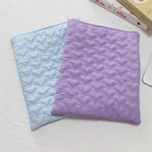 Quilted heart iPad sleeve and soft laptop storage bag, cute pouch in blue and purple color.