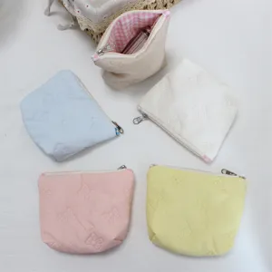Pastel quilted cosmetic bag cute bow embossed zipper coin purse portable makeup storage pouch