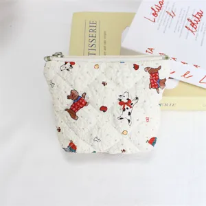 Cute quilted cartoon makeup bag with zipper, soft portable coin purse and storage pouch.