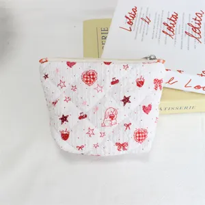 White Quilted Makeup Pouch Cute Strawberry Puppy Cosmetic Bag Zipper Coin Purse Cute