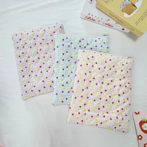 Quilted tablet sleeve with cute strawberry and chick print, soft plaid storage bag for iPad.
