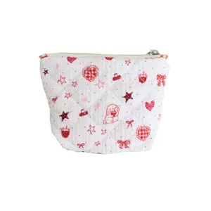 Cute quilted cosmetic bag with sweet strawberry and dog print, portable zipper storage pouch.
