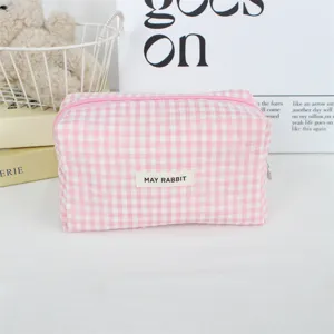Rosa karierte Kosmetiktasche, großes Federmäppchen, tragbare Reise-Waschtasche Organizer.