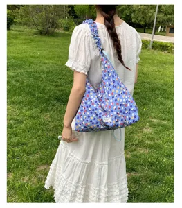 Blue floral shoulder bag for women, large capacity casual hobo bag with gathered strap.