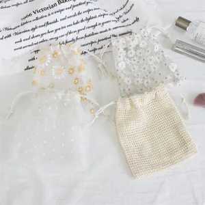 Daisy embroidery drawstring storage bags mesh pouches for jewelry cosmetics gifts set