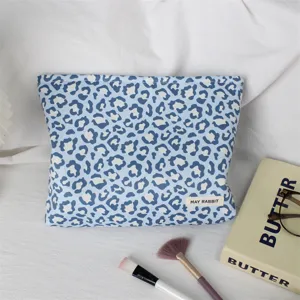 Trousse de maquillage léopard bleu sac de rangement portable en toile pour voyage vue détaillée.