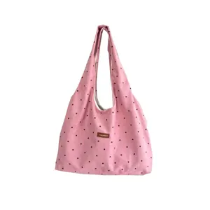 Pink corduroy polka dot hobo bag, large capacity casual shoulder tote for women.