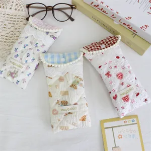 Quilted padded glasses pouch with cute bear floral pattern, soft portable case for daily use.