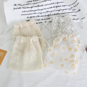 Modern Embroidered Drawstring Storage Bag Daisy Flower Mesh Sheer Pouch For Jewelry Cosmetics Wedding Gift Candy Favor Pouch Home Organization