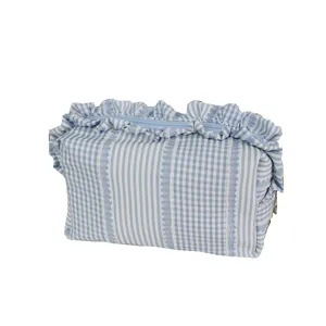 Koreaanse stijl ruitjes cosmetische tas met volants, blauw-wit gestreepte make-up etui etui.